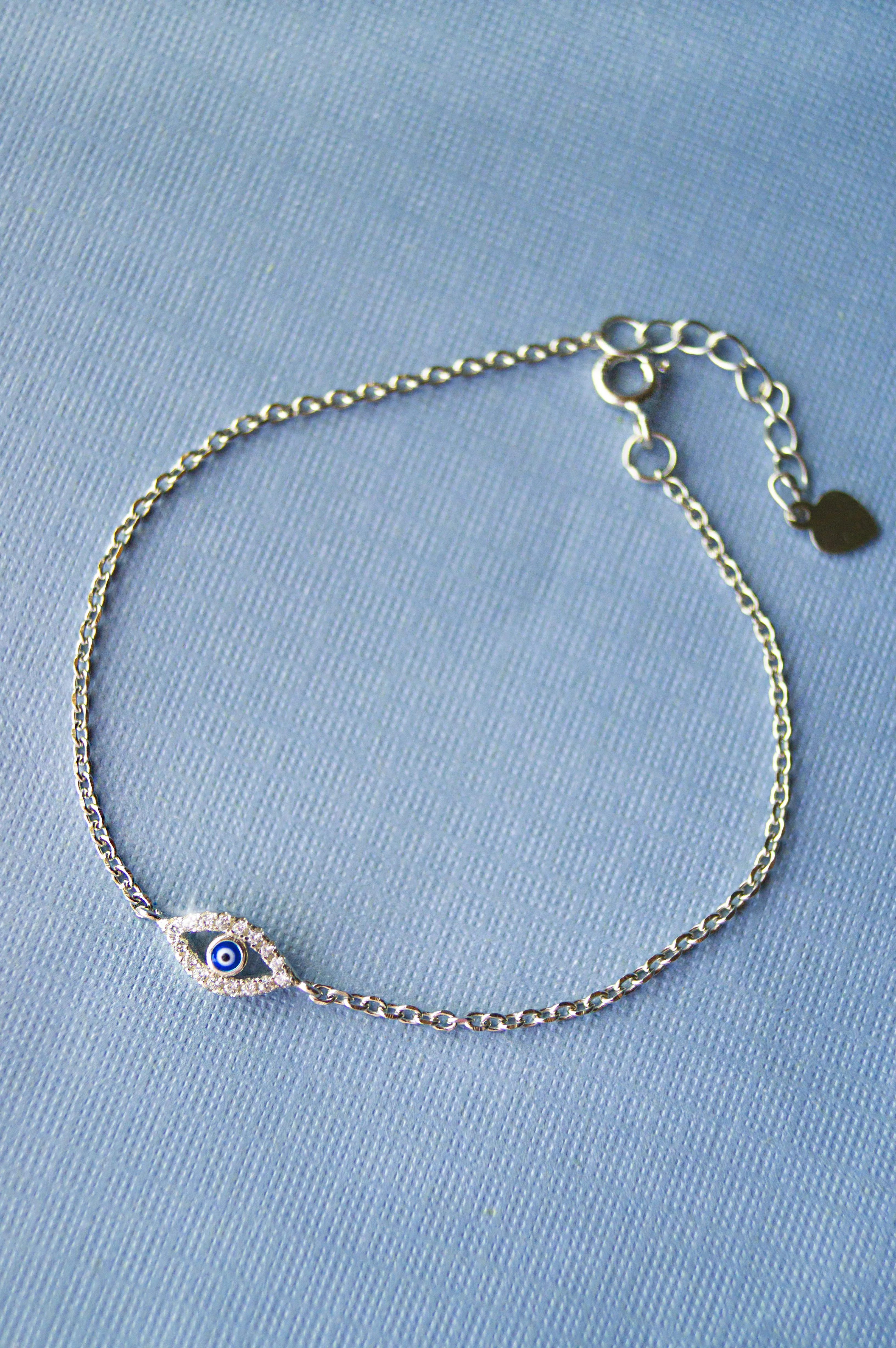 Evil Eye Hand-Painted Delicate Sterling Silver Chain Bracelet