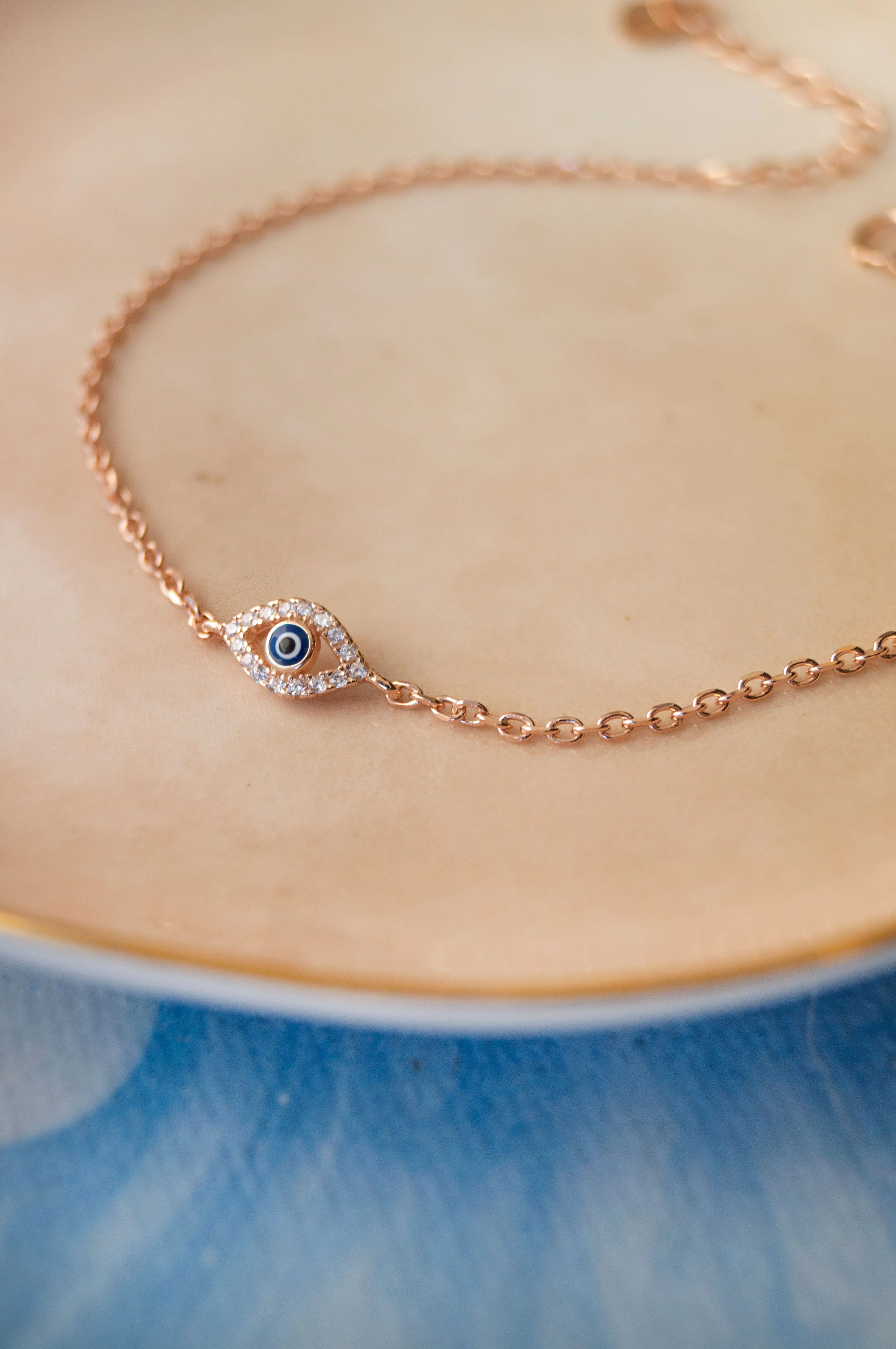 Evil Eye Hand-Painted Delicate Sterling Silver Chain Bracelet