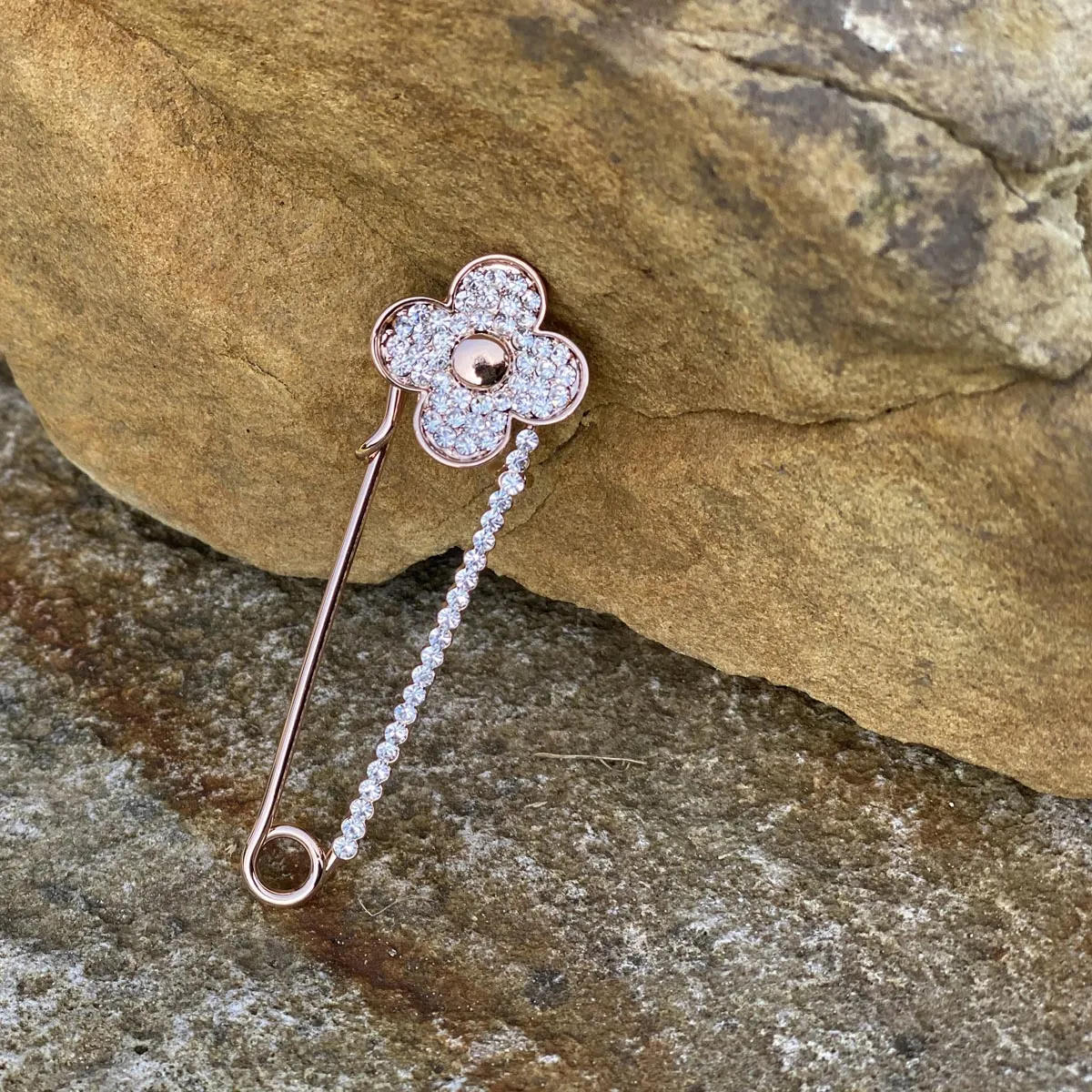 Floral Diamante Pin Rose Gold Brooch