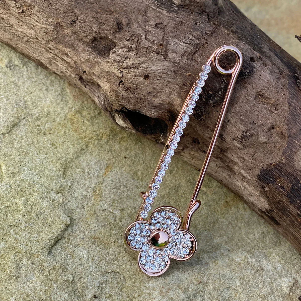 Floral Diamante Pin Rose Gold Brooch