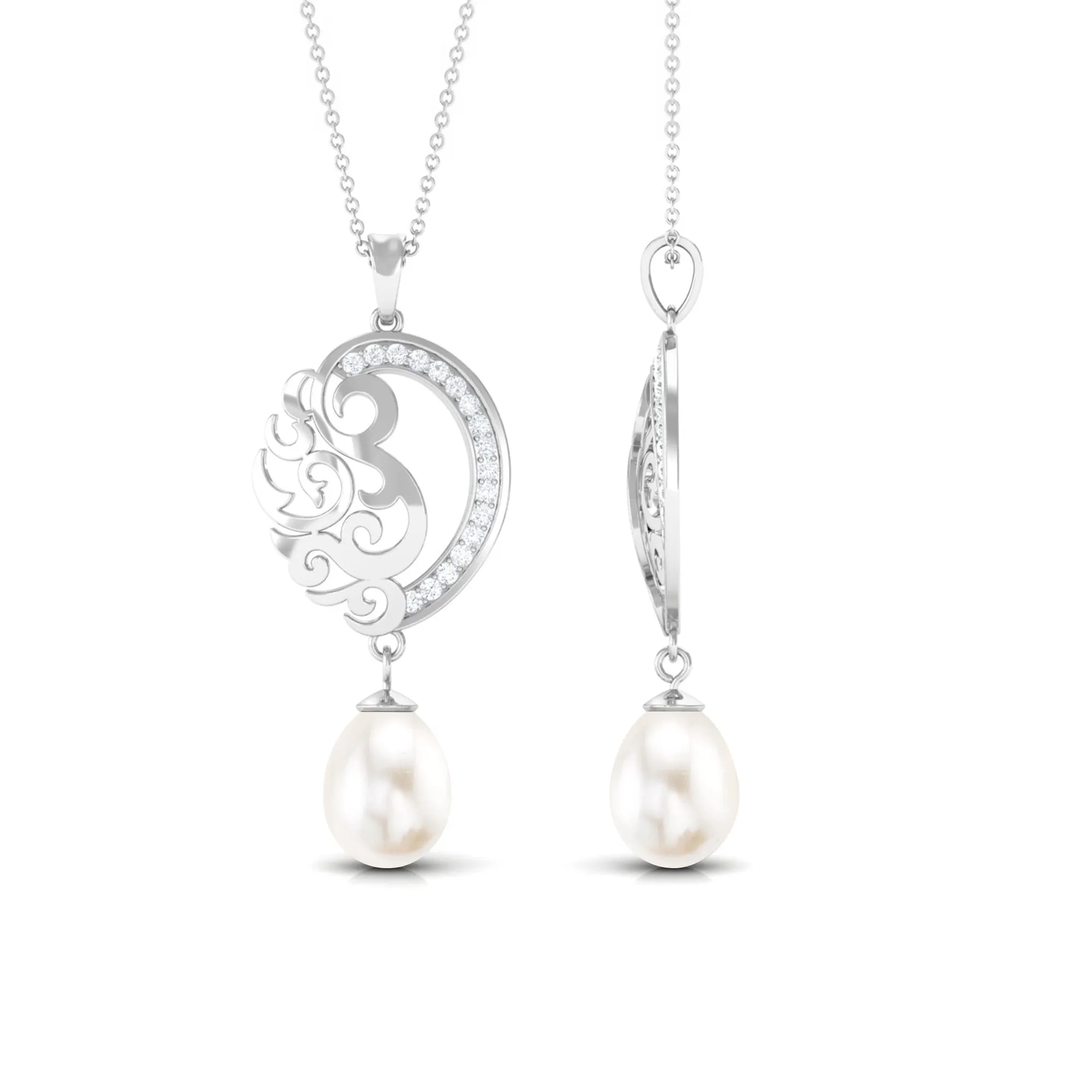 Freshwater Pearl Art Deco Drop Pendant with Diamond