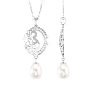 Freshwater Pearl Art Deco Drop Pendant with Diamond