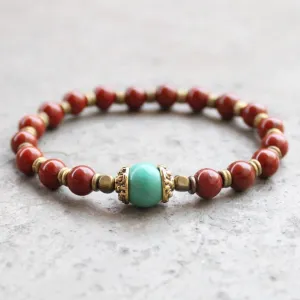 Genuine Red Jasper and Turquoise Gemstone Mala Bracelet