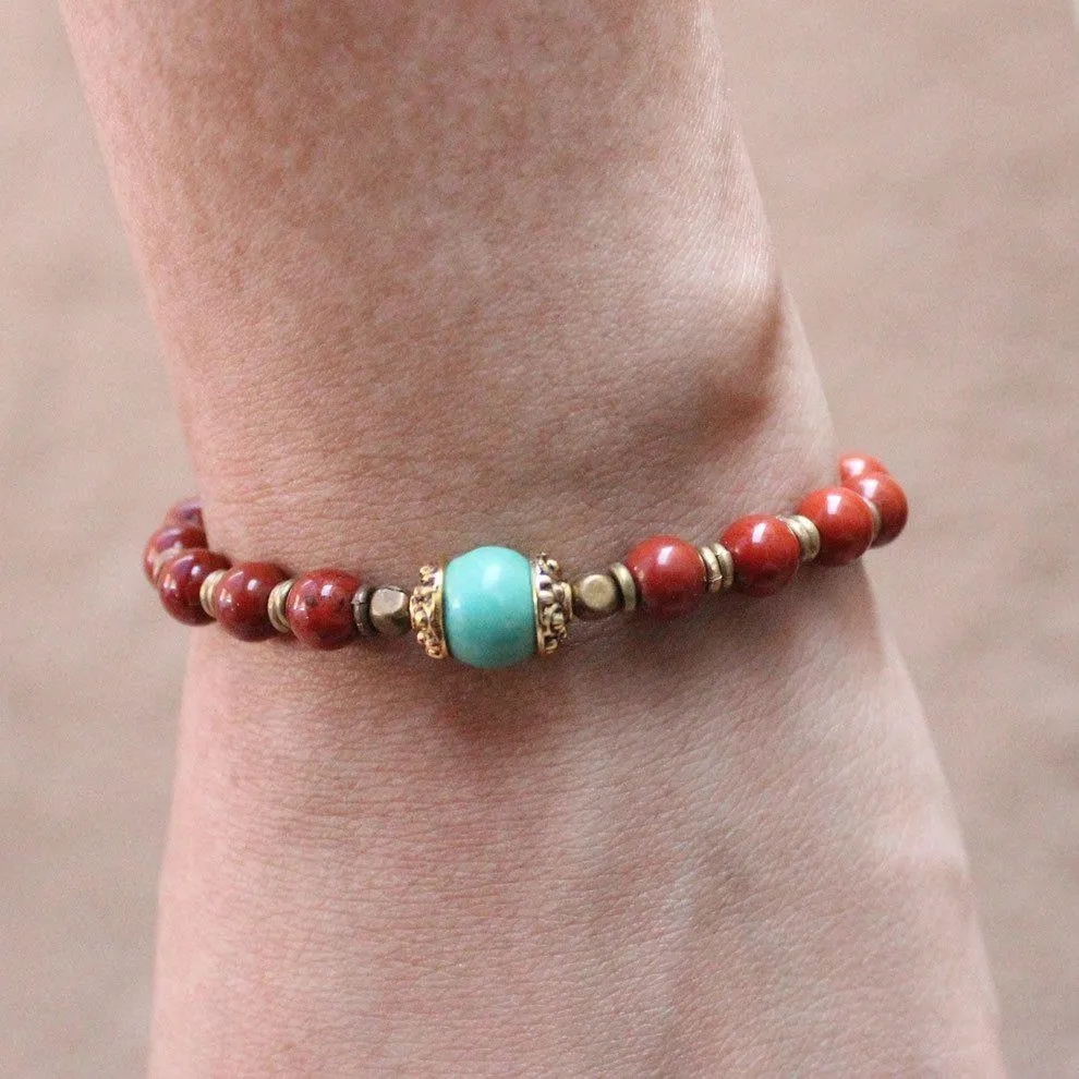 Genuine Red Jasper and Turquoise Gemstone Mala Bracelet