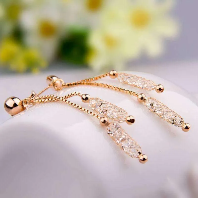 Glistening Stardust Crystals Rose Gold Or Yellow Gold Dual Dangling Chain Drop Earrings