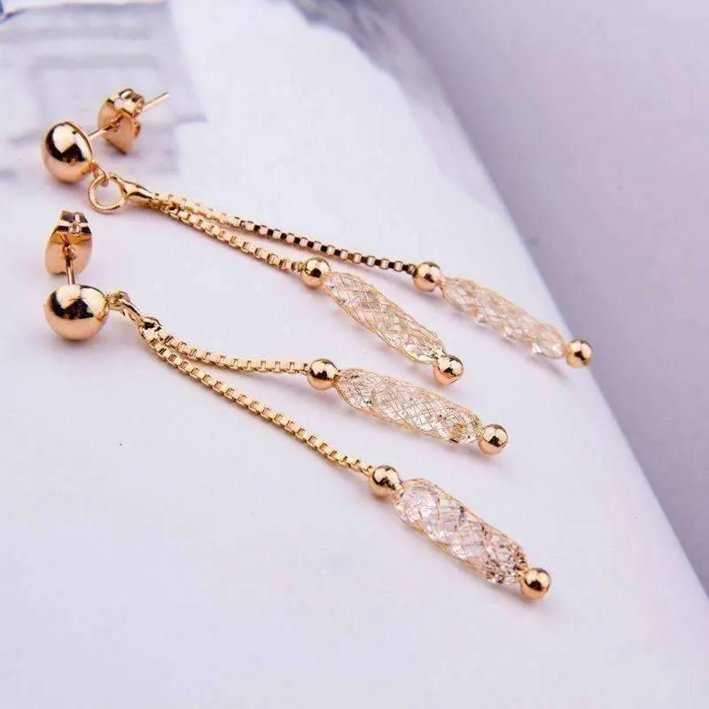 Glistening Stardust Crystals Rose Gold Or Yellow Gold Dual Dangling Chain Drop Earrings