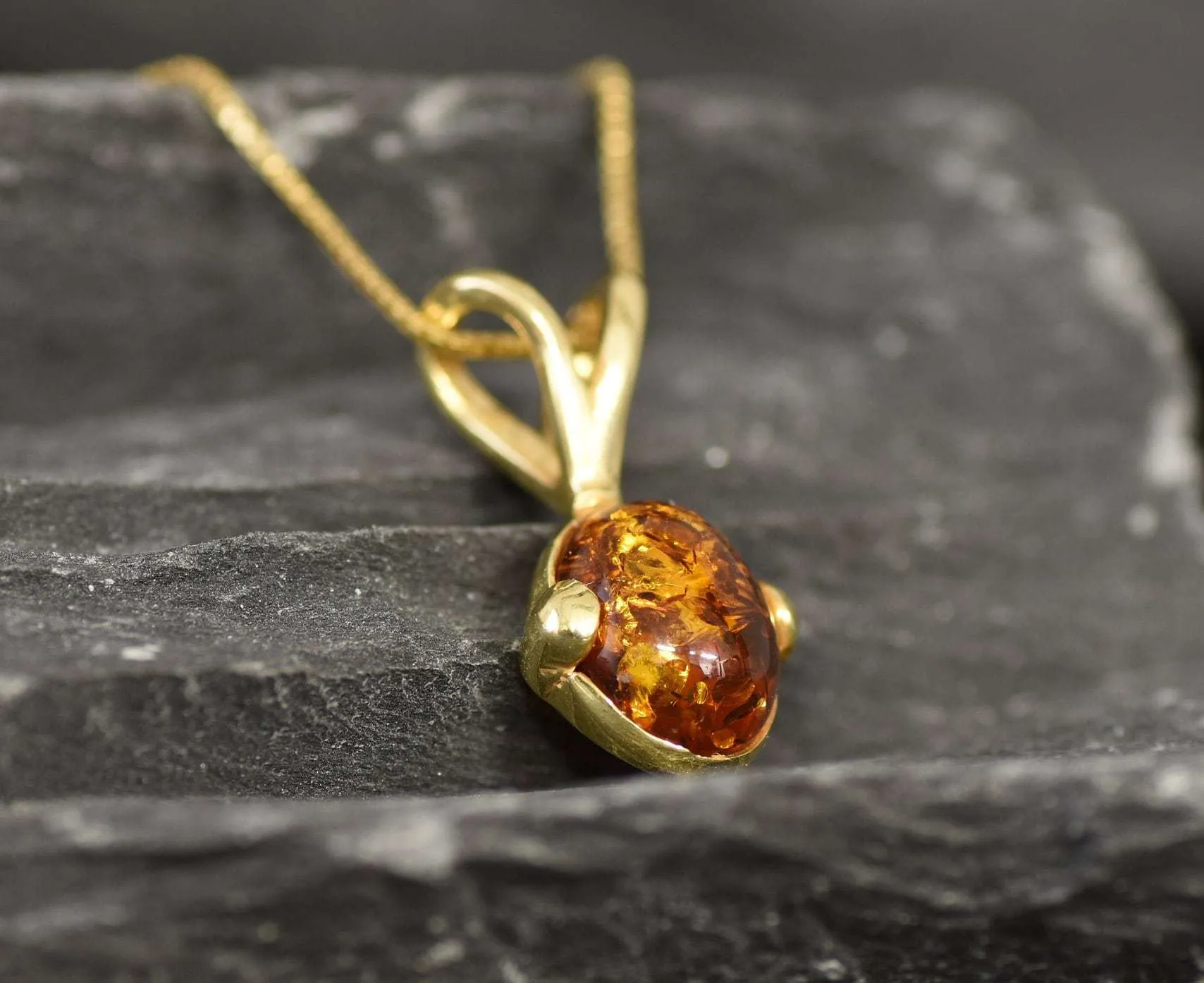 Gold Amber Pendant - Natural Amber Necklace - Gold Oval Necklace