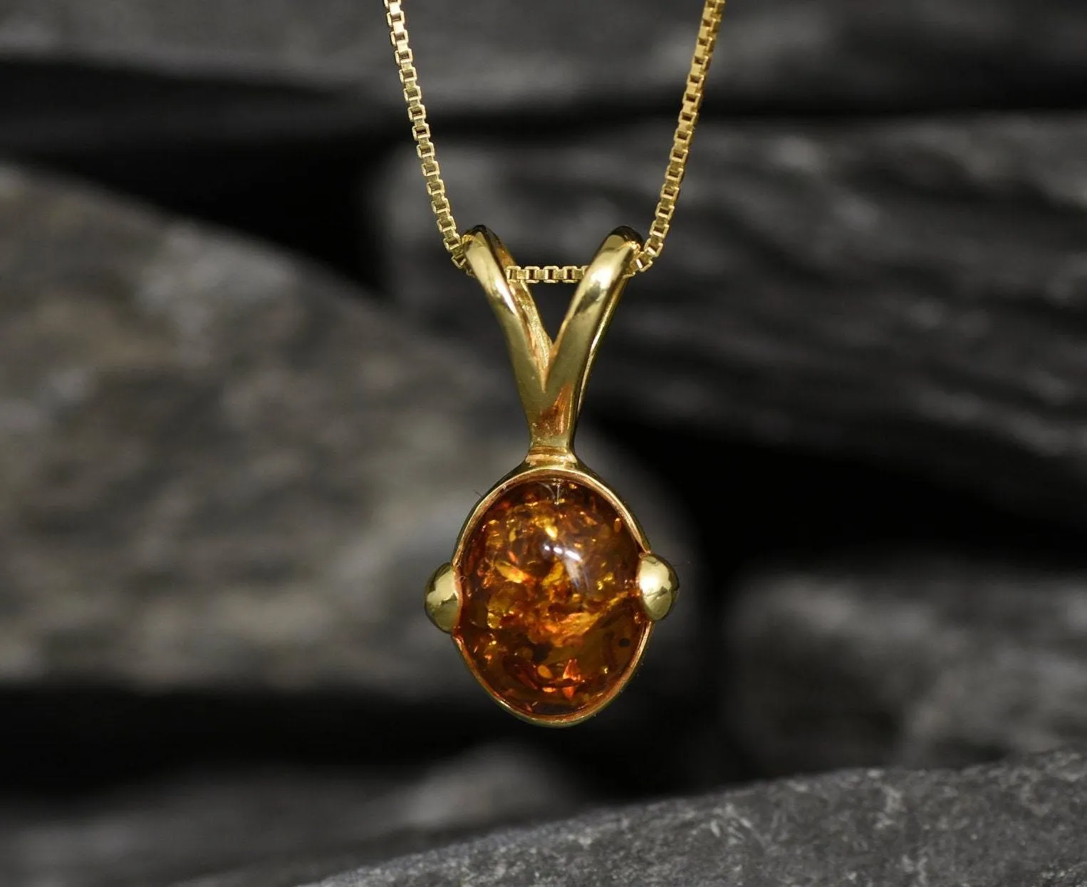 Gold Amber Pendant - Natural Amber Necklace - Gold Oval Necklace