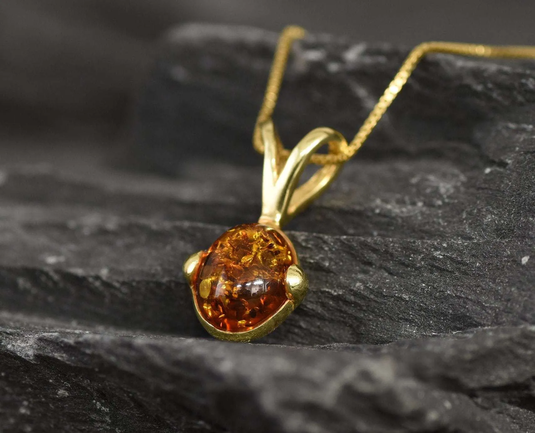 Gold Amber Pendant - Natural Amber Necklace - Gold Oval Necklace