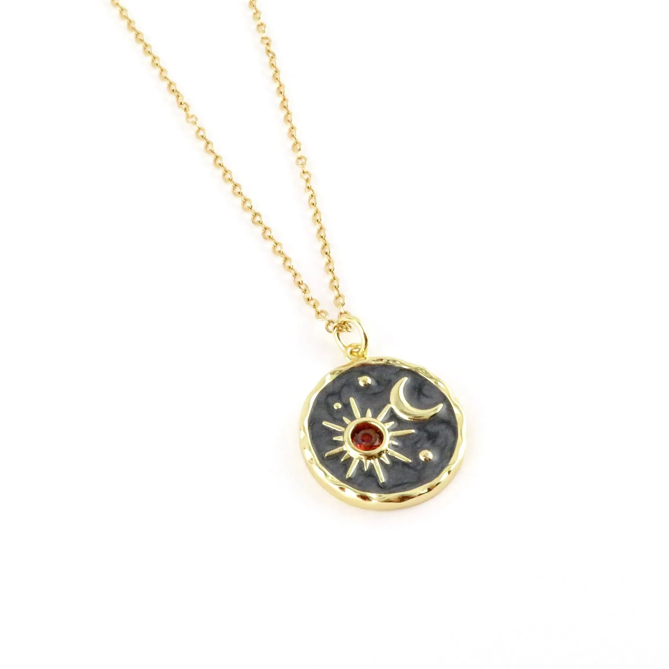 Gold Celestial Disc Necklace - Gray and Red