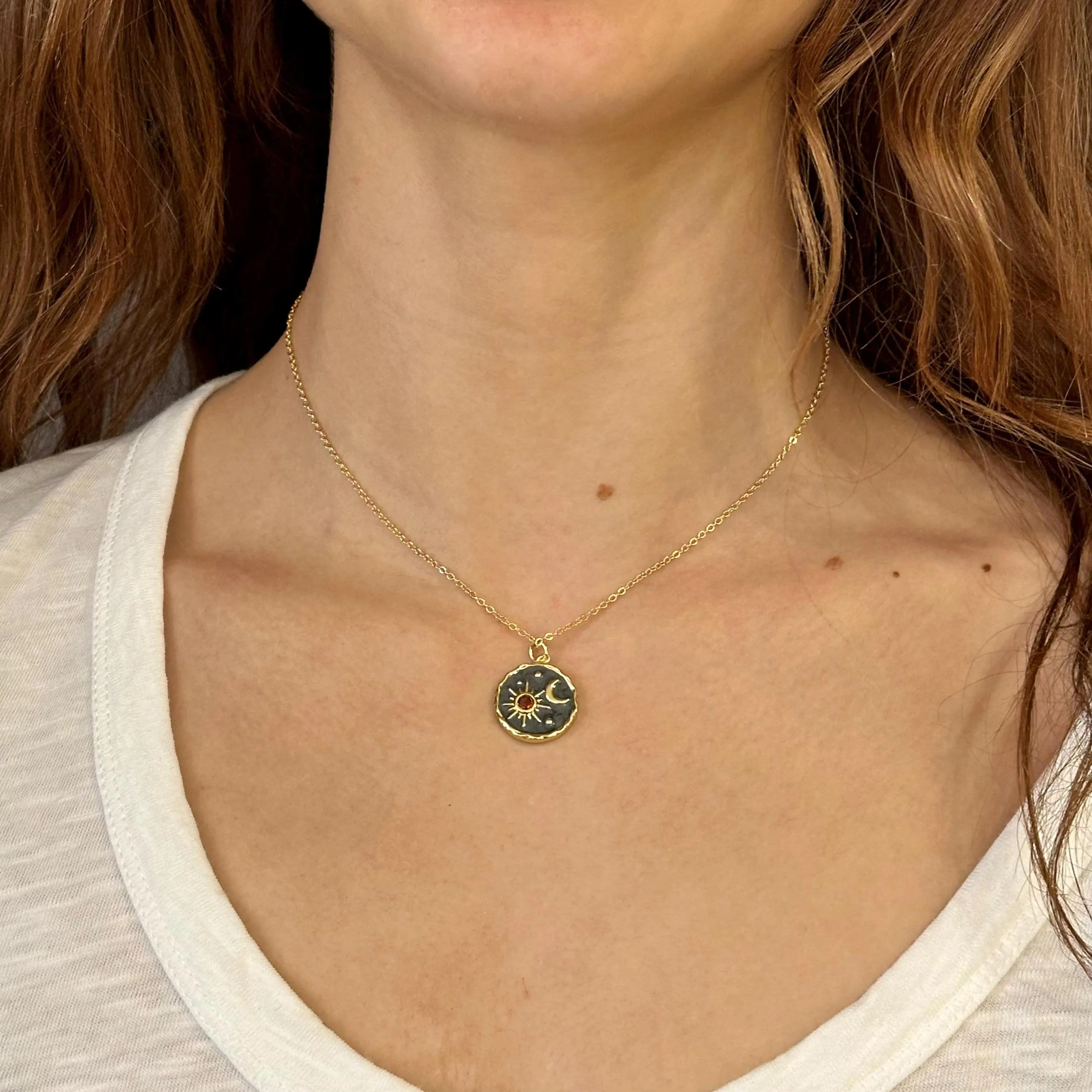 Gold Celestial Disc Necklace - Gray and Red