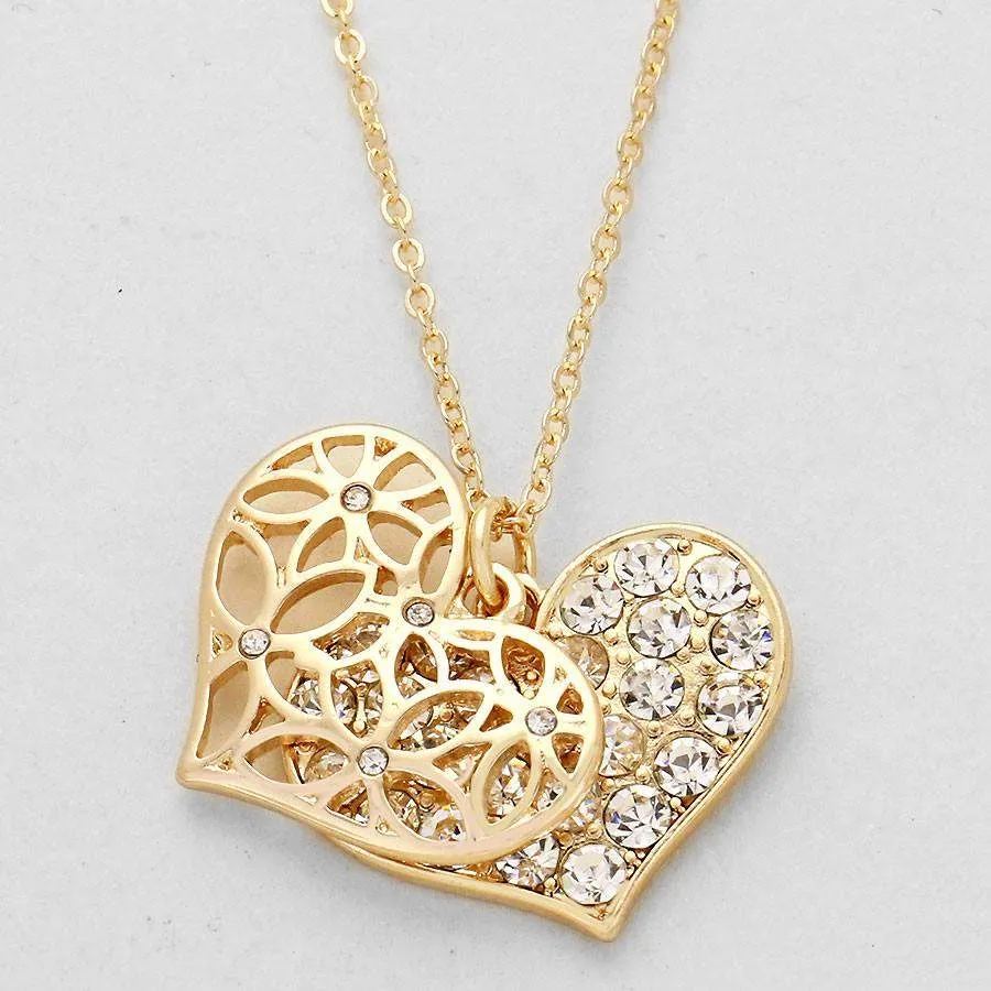 Gold Cut Out Heart and Crystal Pave Heart Necklace