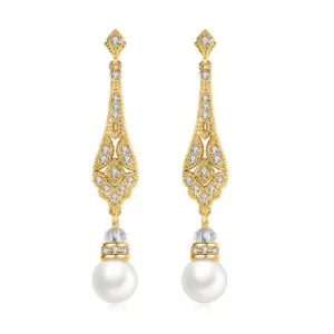 Gold Dangle Pave Setting Luxe CZ Crystal Pearl Earrings