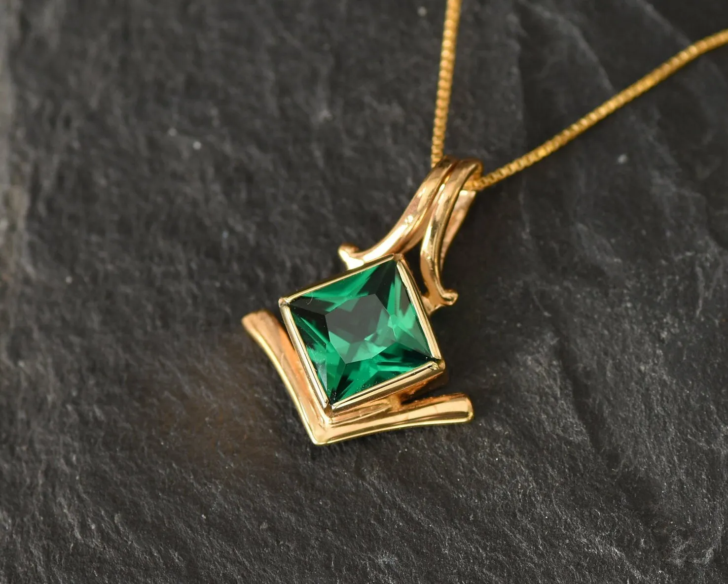 Gold Emerald Pendant - Green Emerald Necklace, Gold Princess Cut Pendant