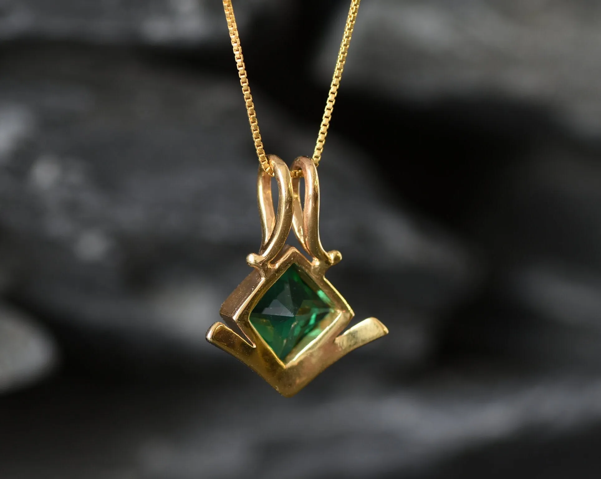 Gold Emerald Pendant - Green Emerald Necklace, Gold Princess Cut Pendant