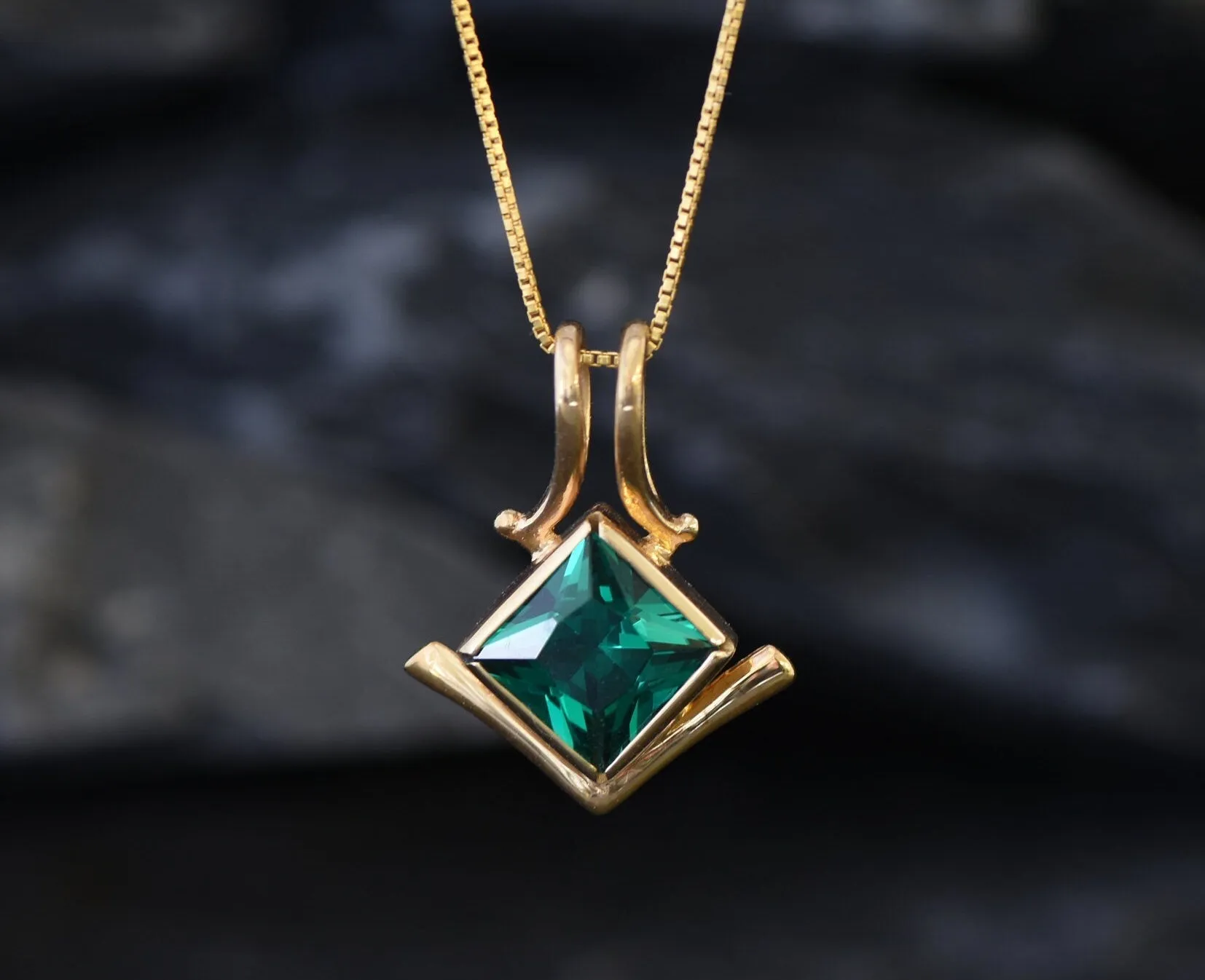 Gold Emerald Pendant - Green Emerald Necklace, Gold Princess Cut Pendant