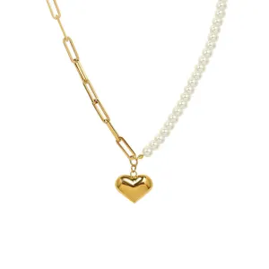 Gold Heart Pendant Half Pearl Half Paperclip Necklace