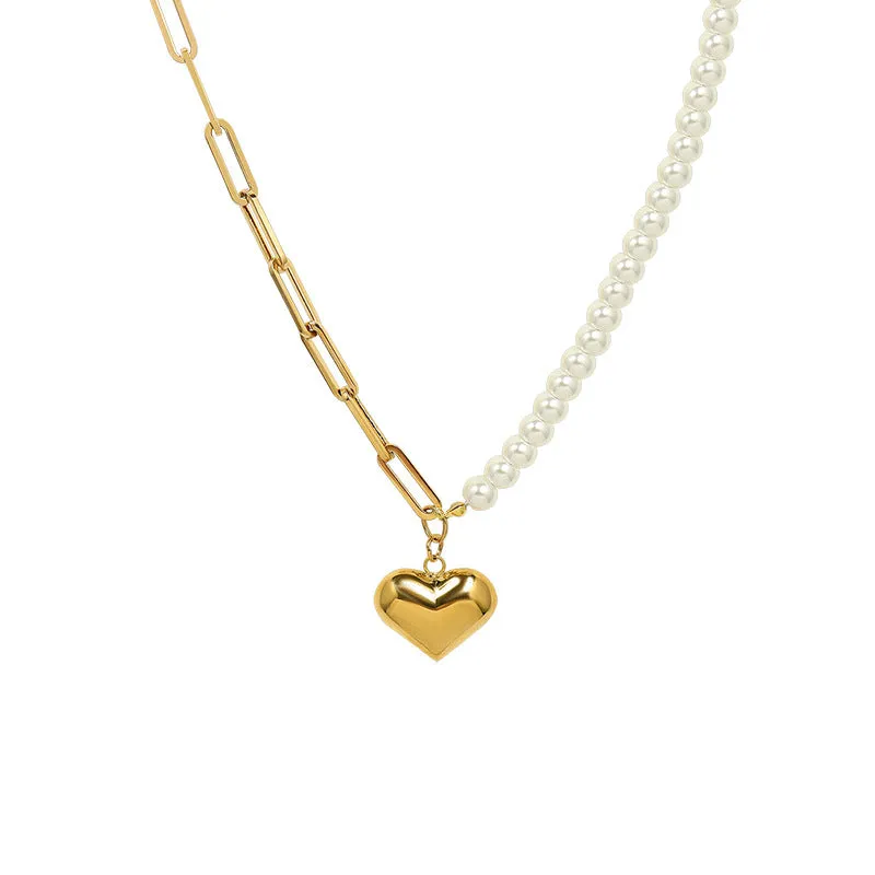 Gold Heart Pendant Half Pearl Half Paperclip Necklace