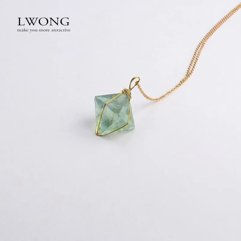 Gold Wire Wrapped Octahedron Green Fluorite Pendant Necklace