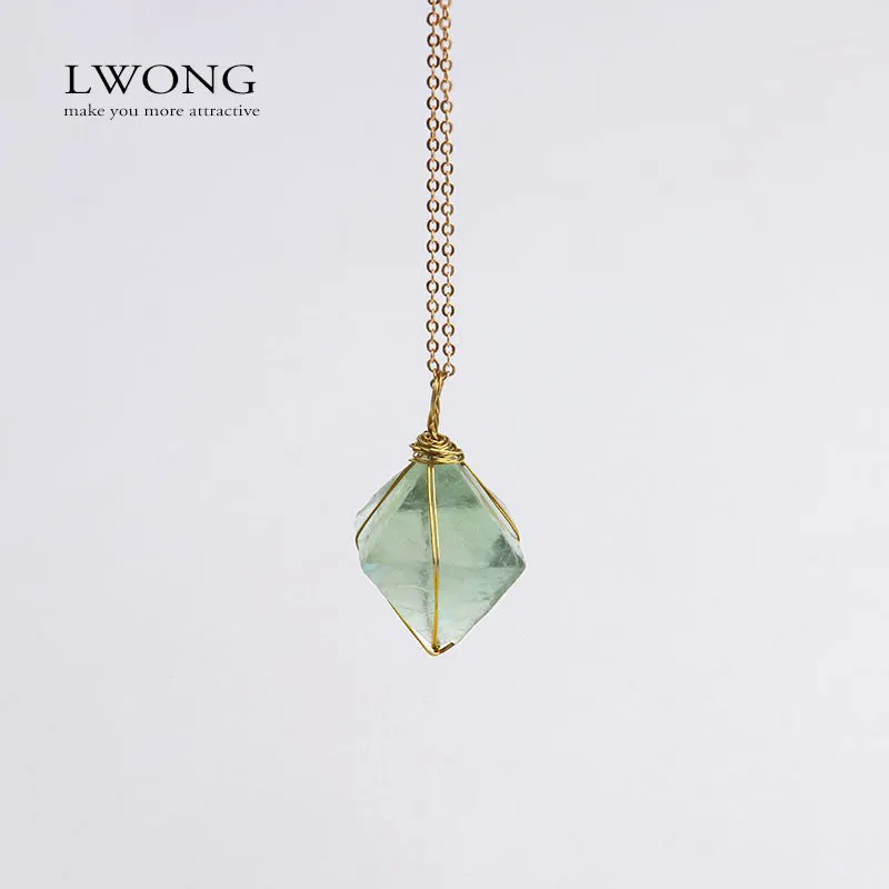 Gold Wire Wrapped Octahedron Green Fluorite Pendant Necklace