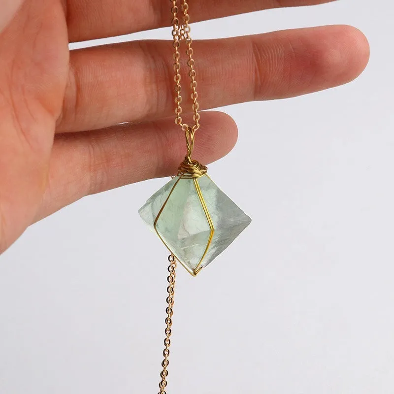 Gold Wire Wrapped Octahedron Green Fluorite Pendant Necklace