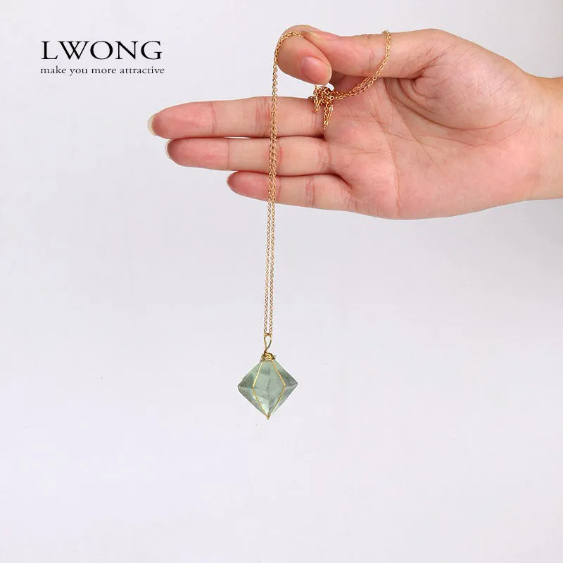 Gold Wire Wrapped Octahedron Green Fluorite Pendant Necklace