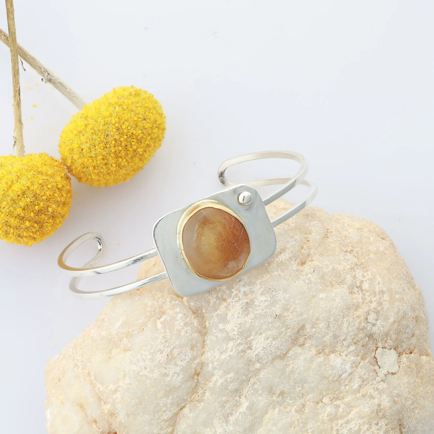 Golden - Rutilated Quartz Mixed Metal Cuff Bracelet