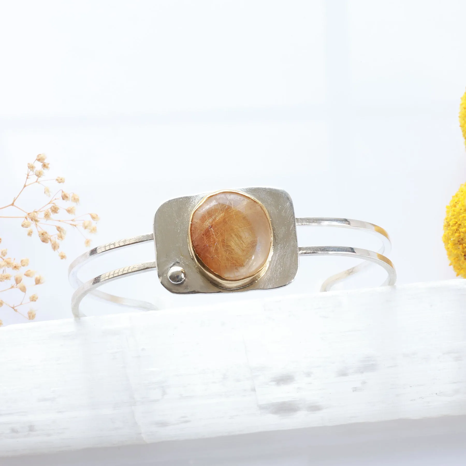 Golden - Rutilated Quartz Mixed Metal Cuff Bracelet