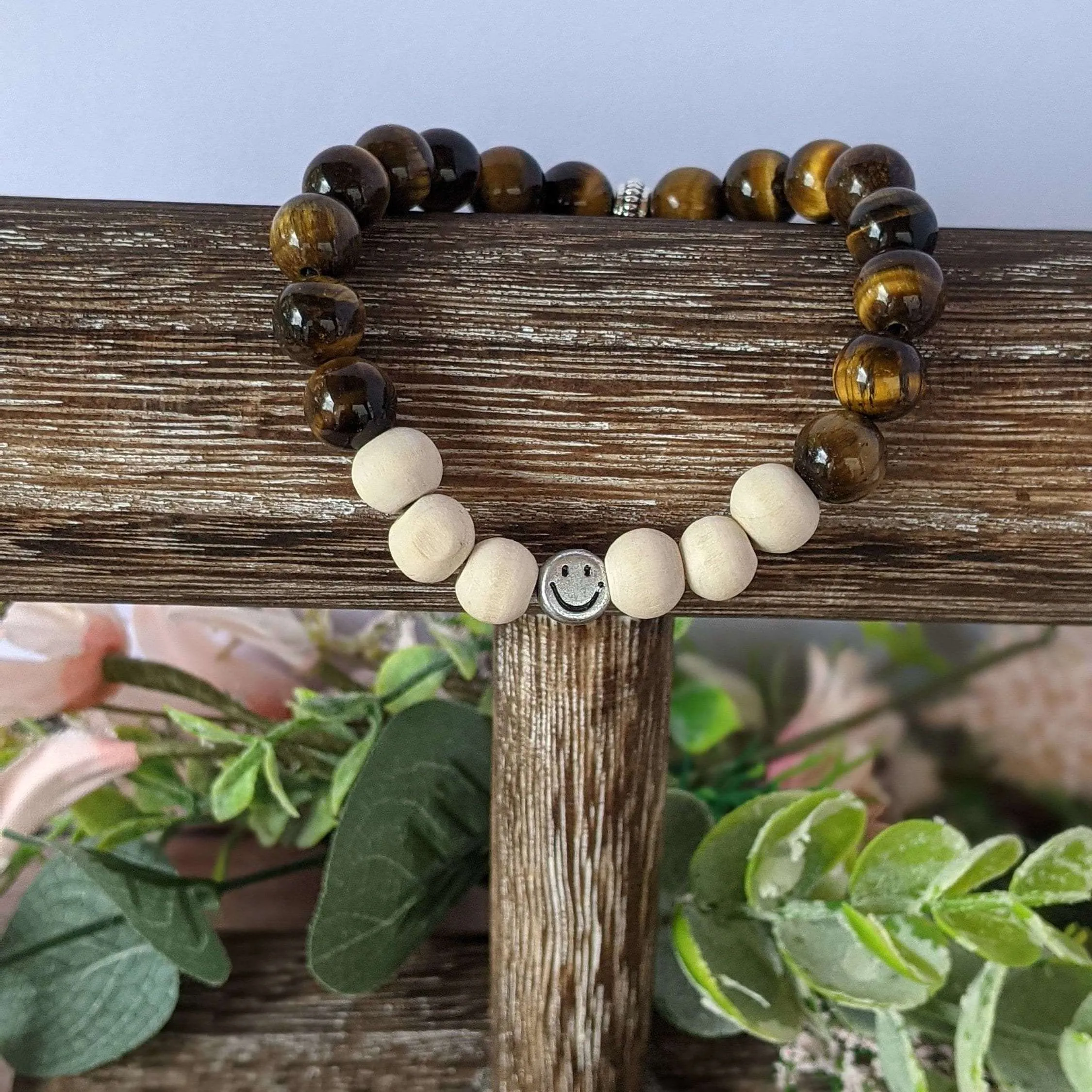 Golden Tiger Eye White Wood Bead Smiley Diffuser Bracelet-Protection Bracelet