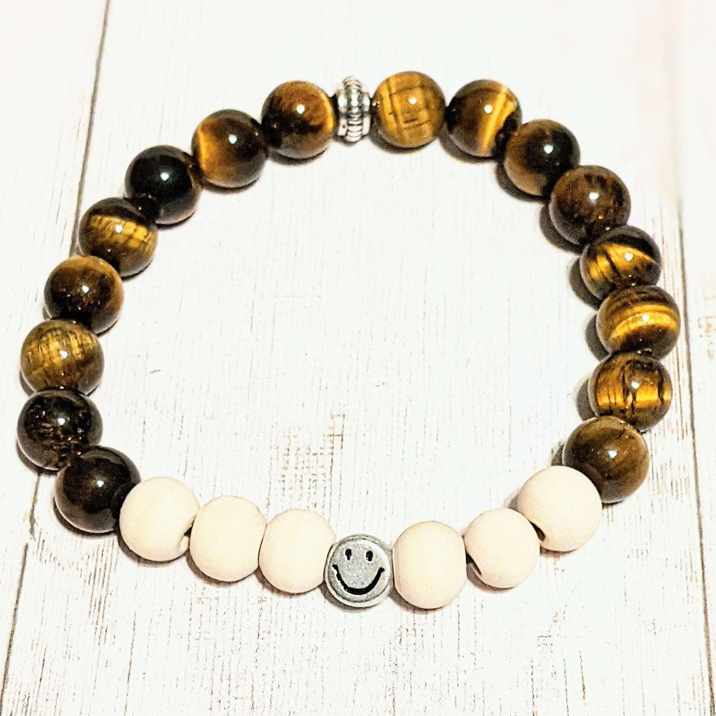 Golden Tiger Eye White Wood Bead Smiley Diffuser Bracelet-Protection Bracelet