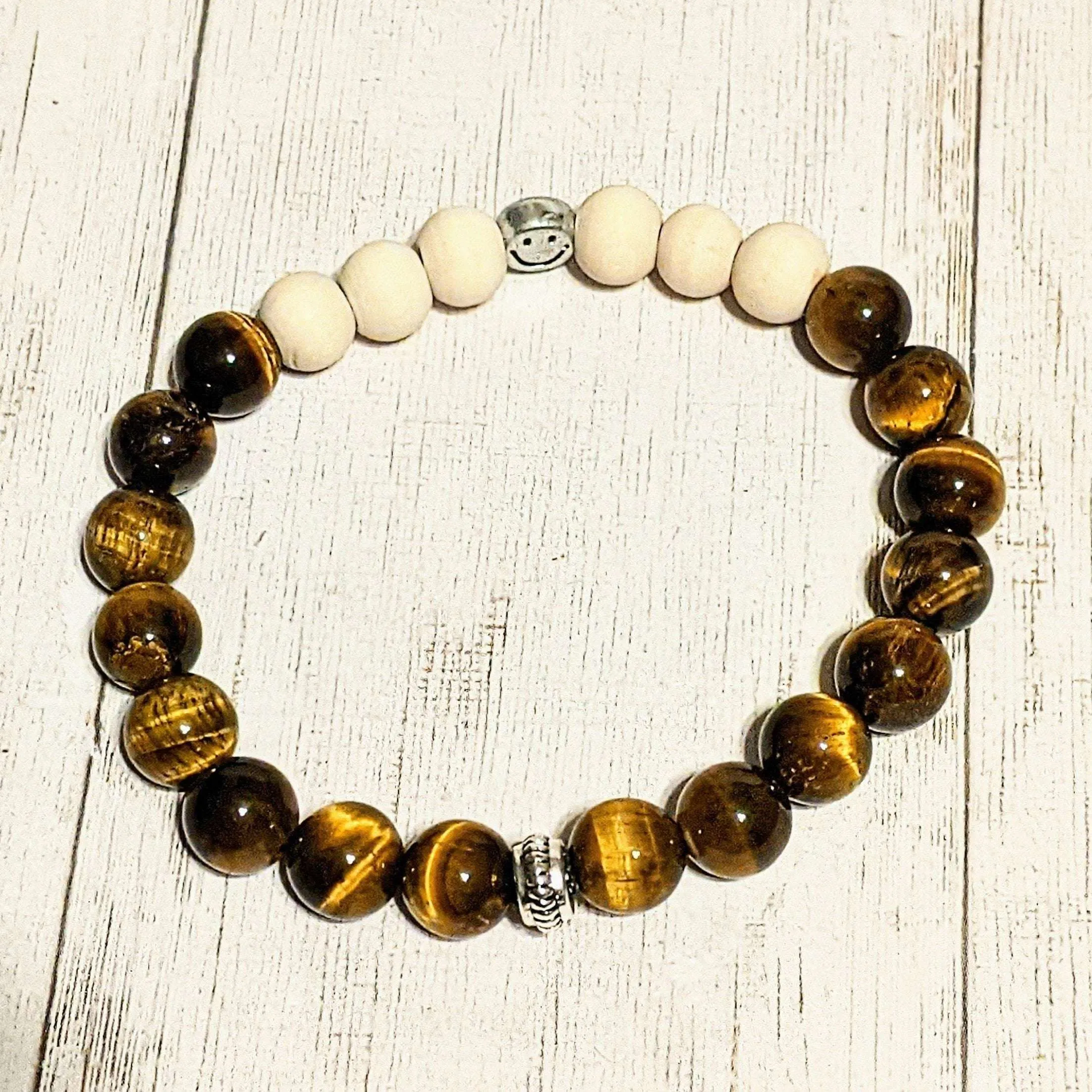 Golden Tiger Eye White Wood Bead Smiley Diffuser Bracelet-Protection Bracelet