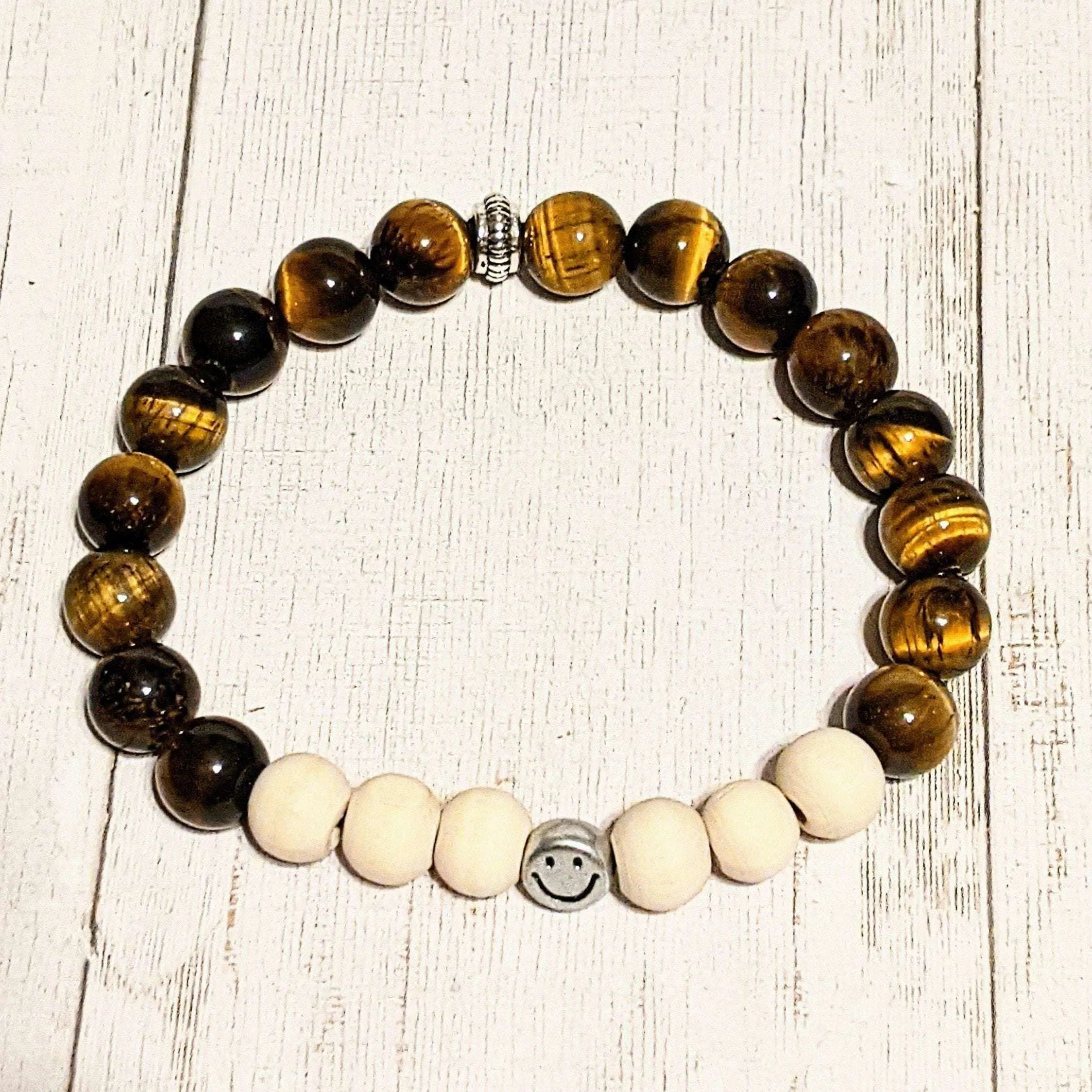 Golden Tiger Eye White Wood Bead Smiley Diffuser Bracelet-Protection Bracelet