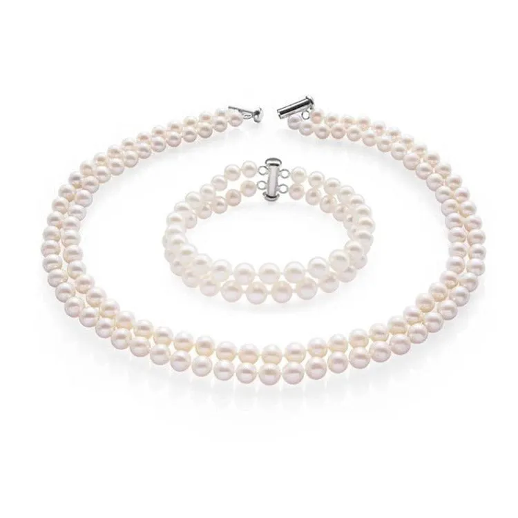 Gorgeous White 7mm AA Grade Pearl Double Row Necklace Bracelet, Pearl Jewellery Set