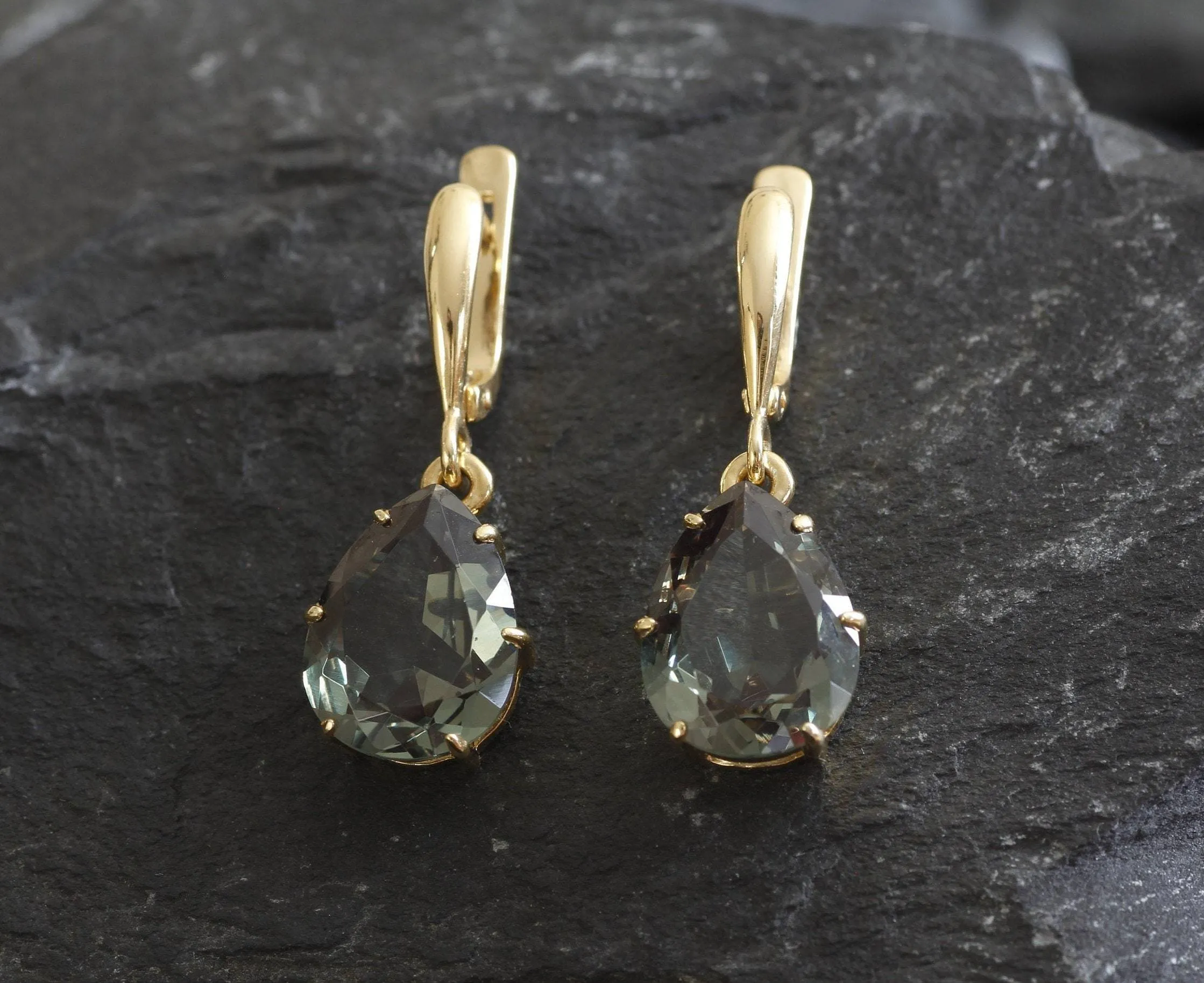 Green Diamond Earrings - Created Green Diamond, Gold Teardrop Earrings