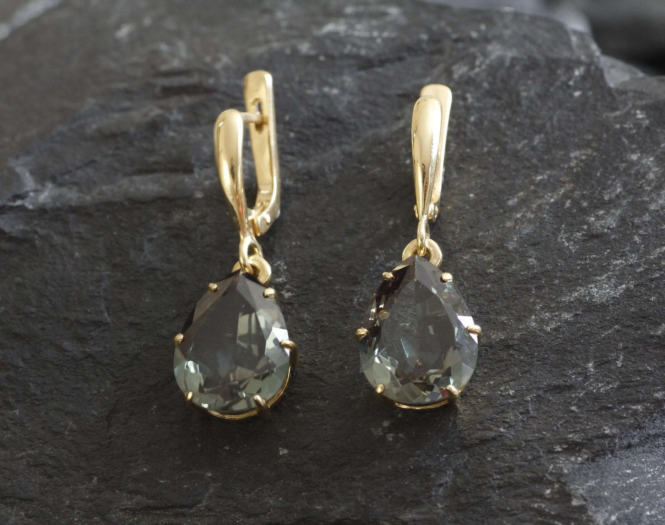 Green Diamond Earrings - Created Green Diamond, Gold Teardrop Earrings