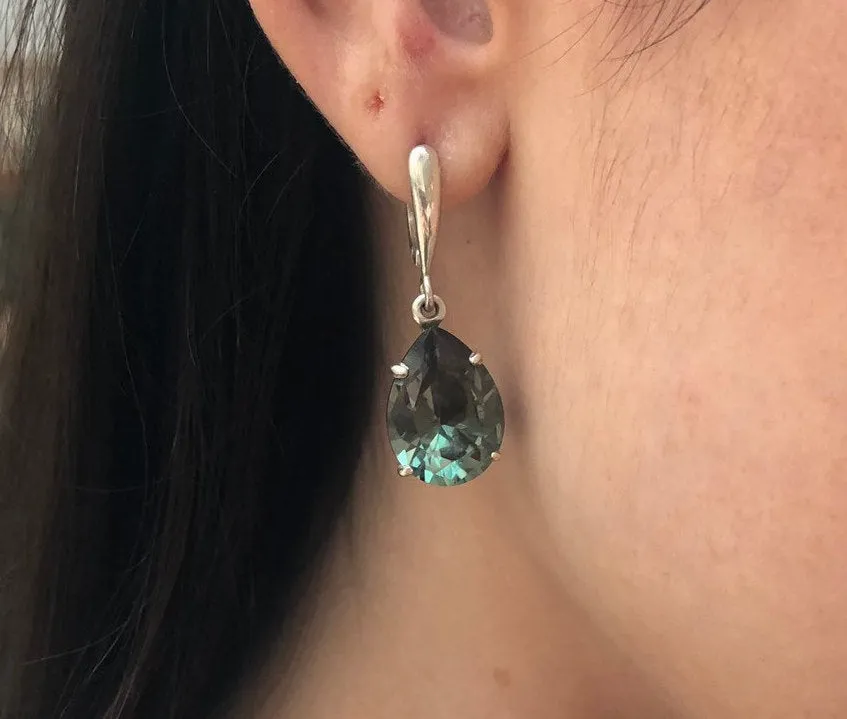 Green Diamond Earrings - Teardrop Dangling Earrings - Vintage Drop Earrings