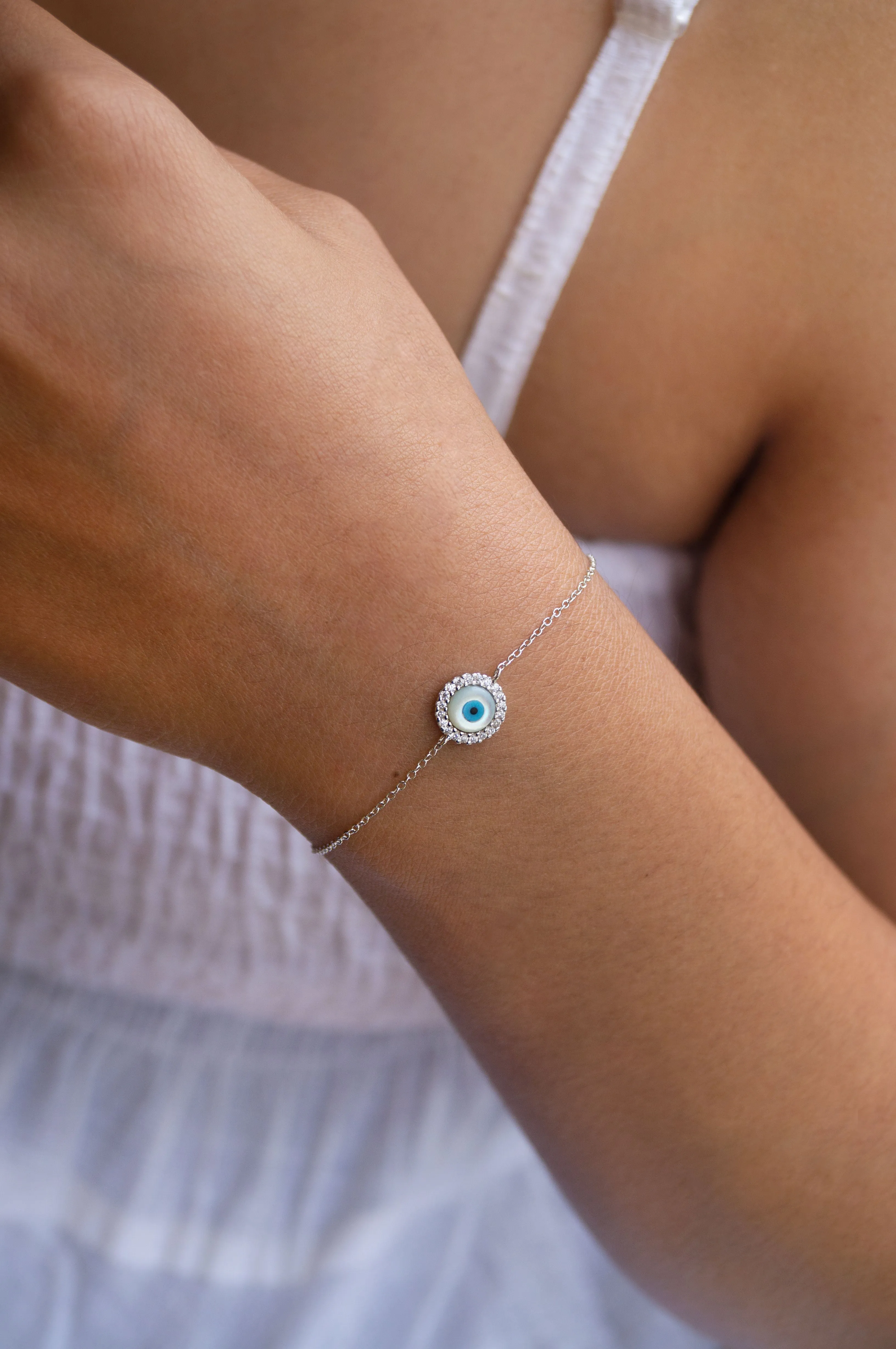 Halo Evil Eye Sterling Silver Chain Bracelet