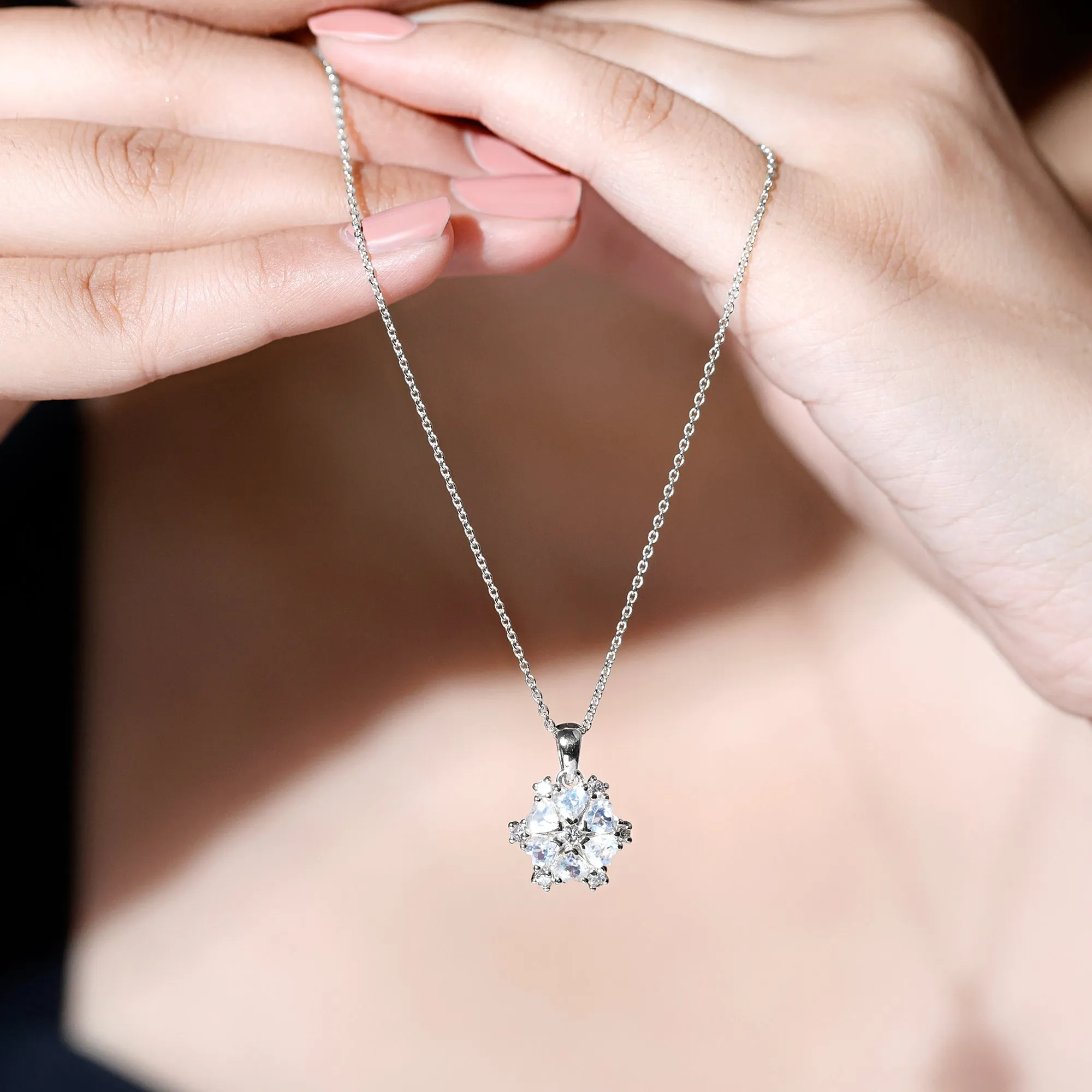 Heart Shape Moonstone and Diamond Flower Pendant