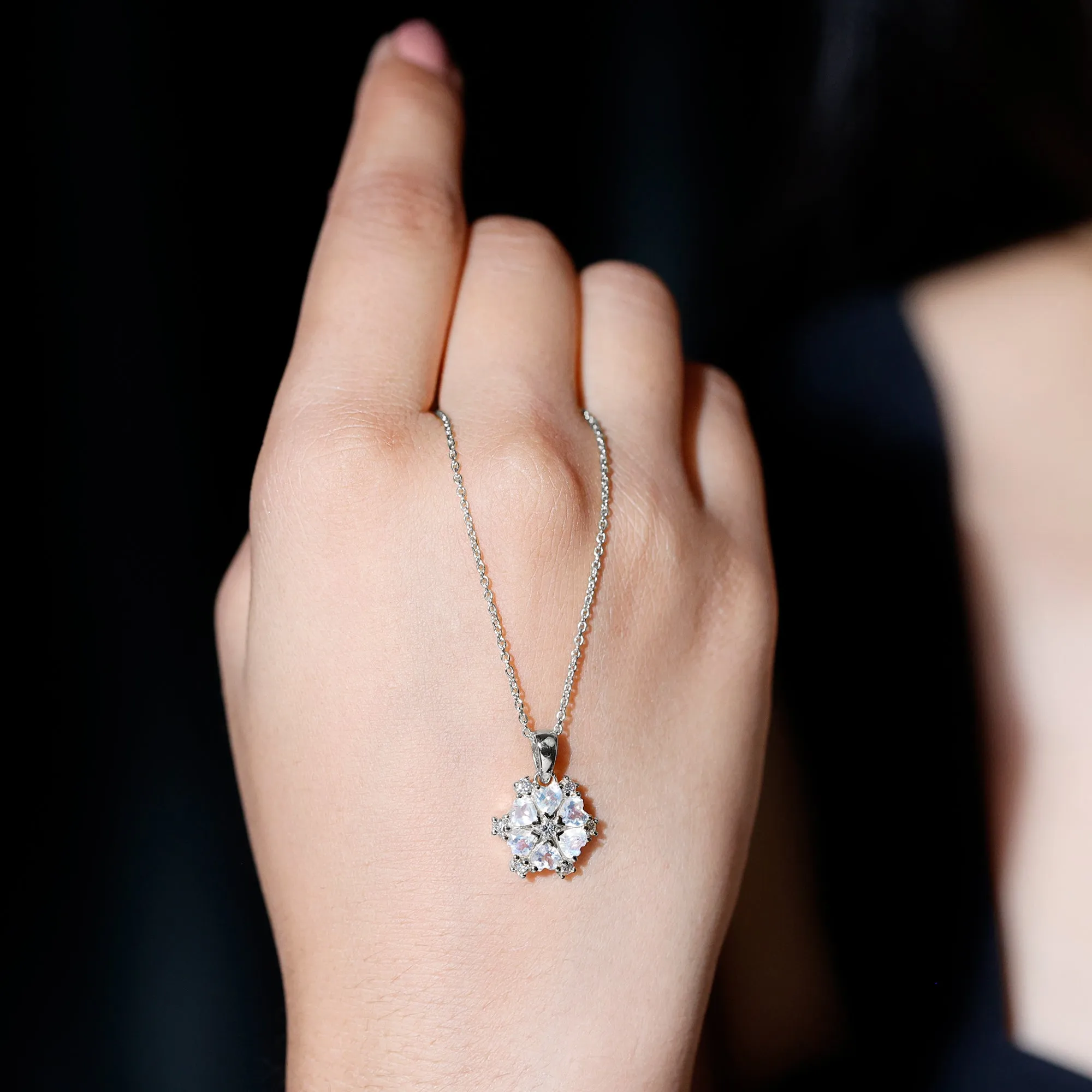 Heart Shape Moonstone and Diamond Flower Pendant