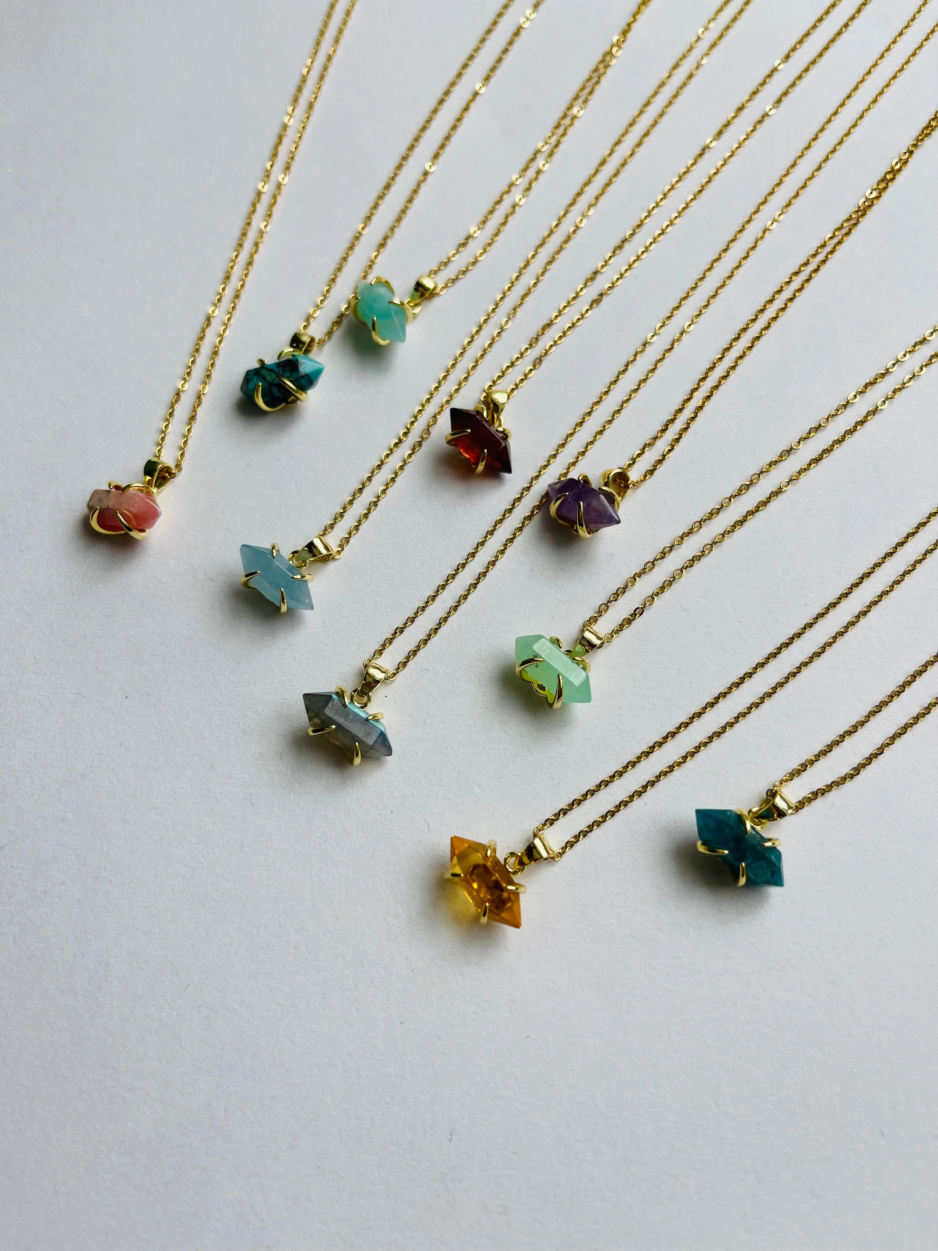 Hexagonal Crystal Gemstone & Brass Necklace