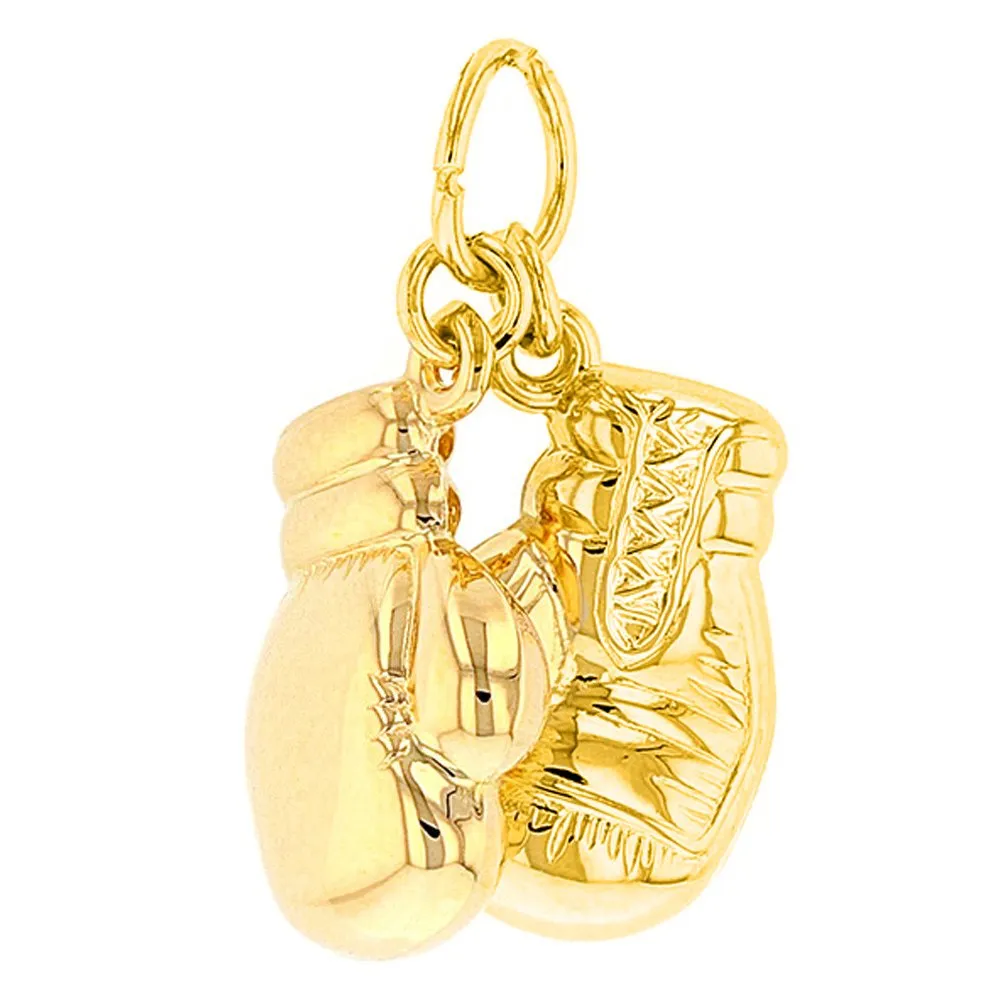 High Polish 14k Gold 3D Boxing Gloves Charm Sports Pendant Figaro Chain Necklace - Yellow Gold