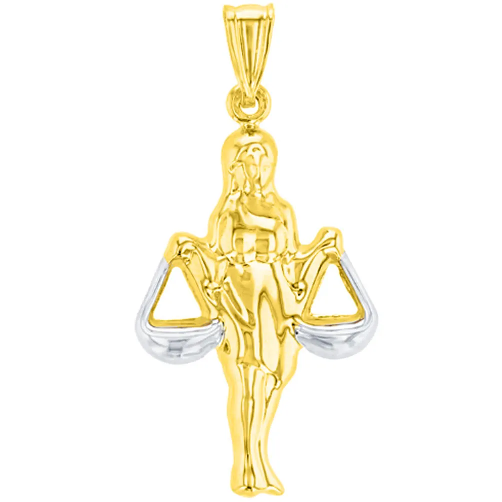 High Polish 14K Yellow Gold Libra Zodiac Sign Charm Holding Scale Pendant Curb Chain Necklace