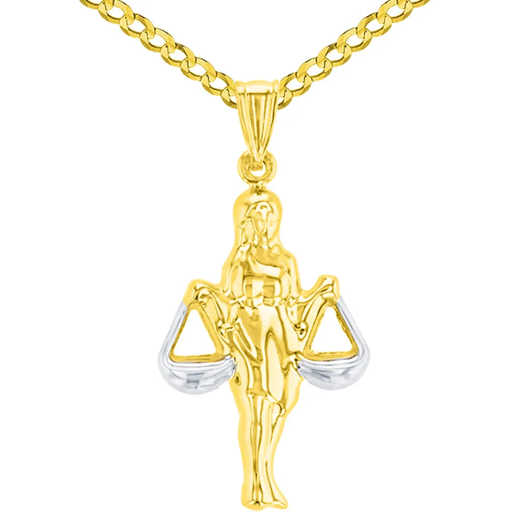 High Polish 14K Yellow Gold Libra Zodiac Sign Charm Holding Scale Pendant Curb Chain Necklace