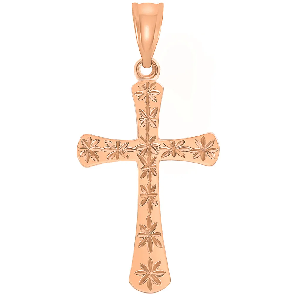 High Polished 14k Rose Gold Textured Star Cut Religious Cross Pendant