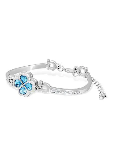 Hot Sale Austria Crystal Four-Leaf Clover Findings Platinum Plated Bracelet with Aquamarine