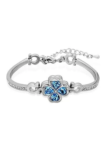 Hot Sale Austria Crystal Four-Leaf Clover Findings Platinum Plated Bracelet with Aquamarine