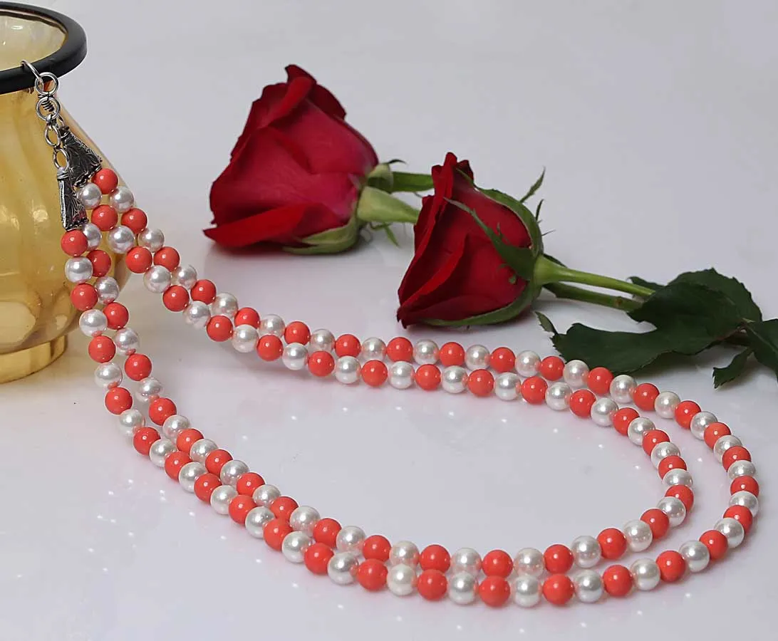 Imeora Orange White 8mm Double Line Shell Pearl Necklace