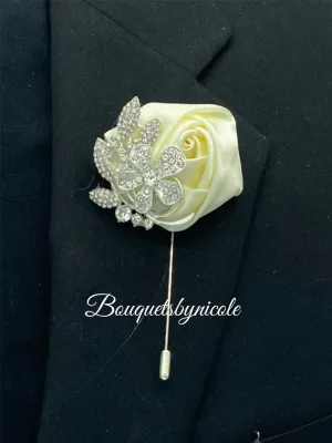 Ivory Men Formal wear Boutonniere, Lapel Leaf Pin, Satin Rose Lapel Pin l Groom Boutonniere l Wedding BOUT- 923