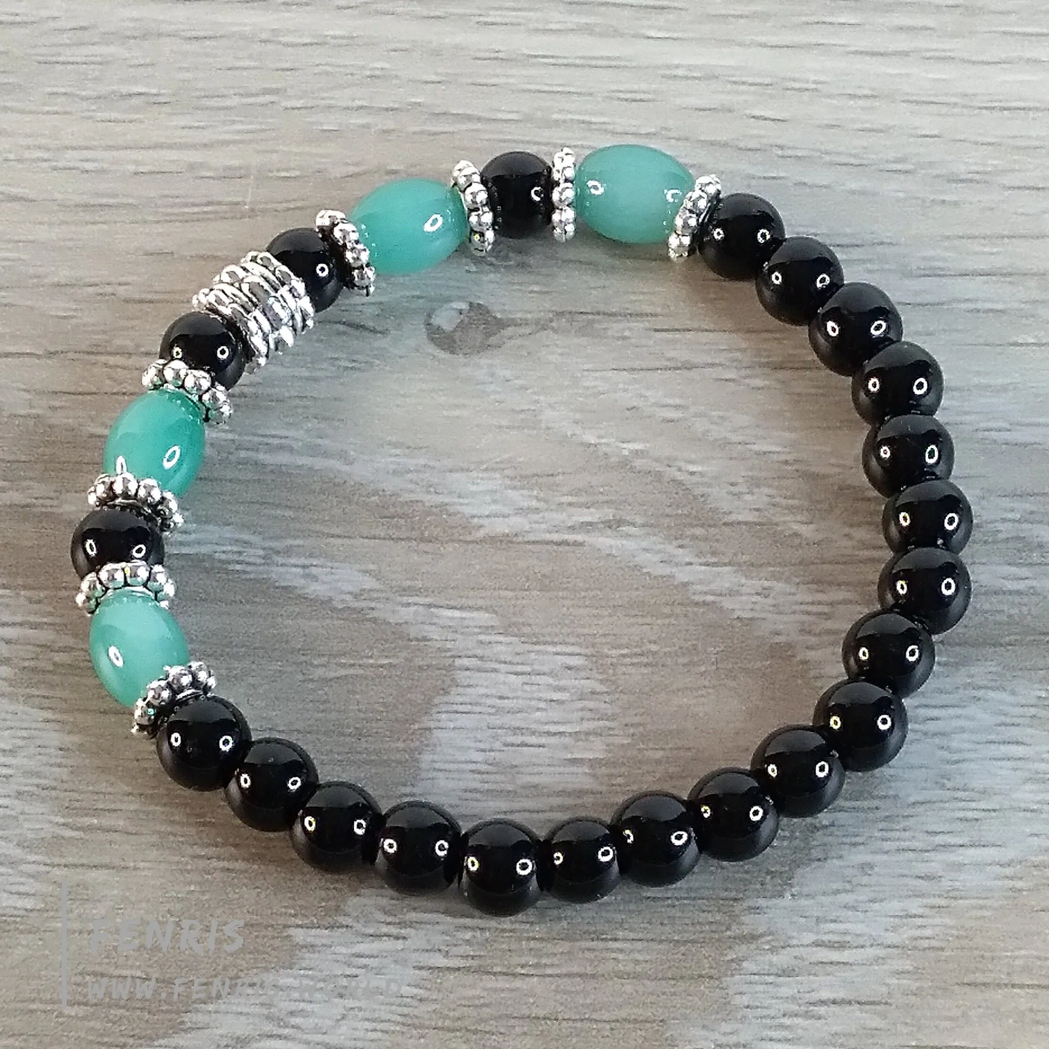 Jade Bracelet Green Black Obsidian Silver Stretch