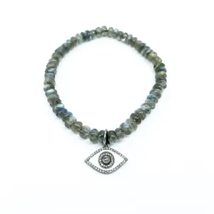 Labradorite bead bracelet with evil eye enamel and diamond charm